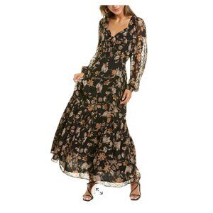 Walter Baker Sophia almost maxi dress black floral and tan lined tie front 4